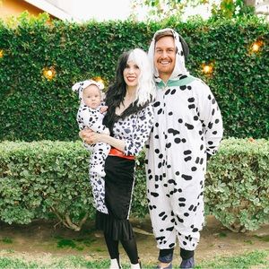 Couples Halloween Costume: Cruella DeVil Dress and Wig and Dalmatian Jumpsuit